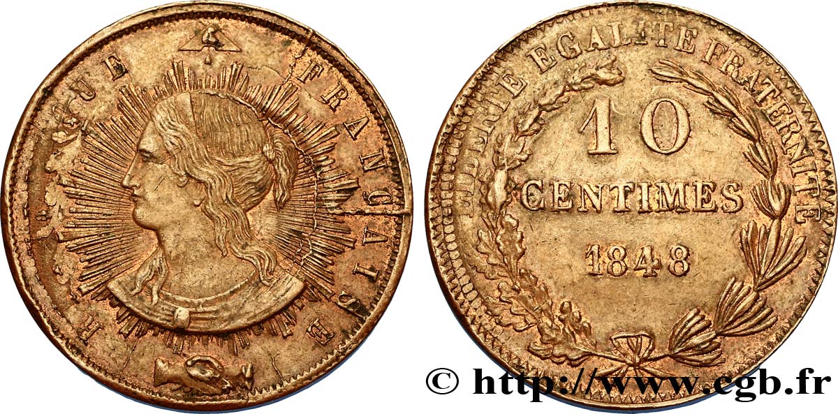 Concours de 10 centimes, essai en cuivre par Pillard, quatrième revers 1848 Paris VG.3185 var. AU58 