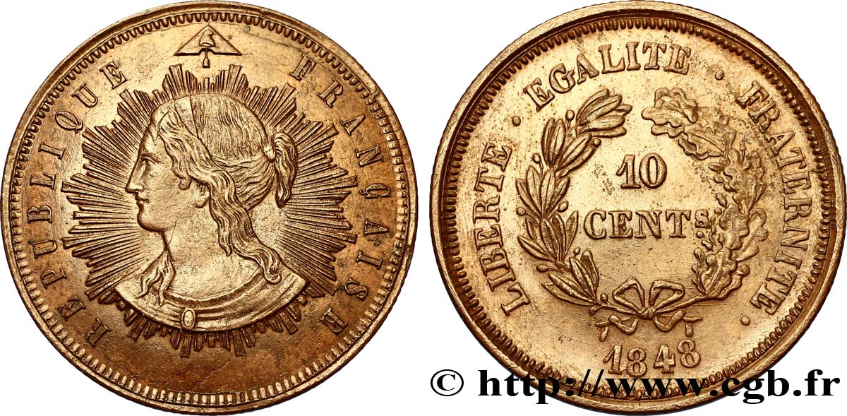 Concours de 10 centimes, essai en cuivre par Pillard, troisième revers, effigie sans les mains jointes 1848 Paris VG.3186  AU58 
