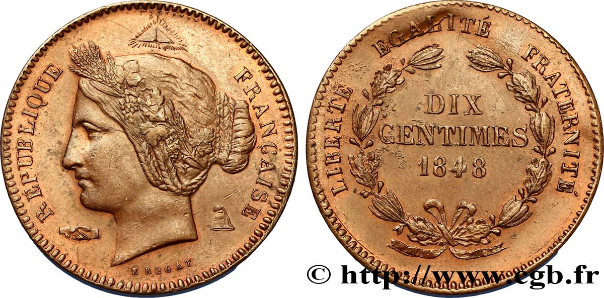 Concours de 10 centimes, essai en cuivre par Rogat, premier concours, deuxième revers 1848 Paris VG.3152  VZ60 