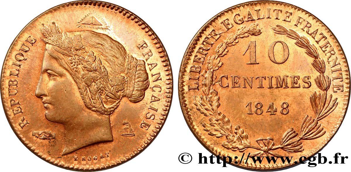 Concours de 10 centimes, essai en cuivre par Rogat, premier concours, quatrième revers 1848 Paris VG.3169 var. VZ62 