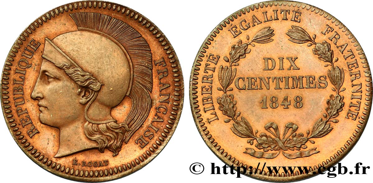 Concours de 10 centimes, essai en cuivre par Rogat, deuxième concours, deuxième revers 1848 Paris VG.3170  MS60 