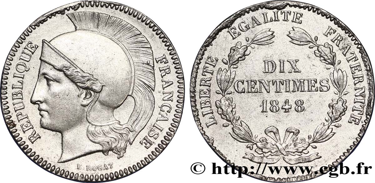Concours de 10 centimes, essai en étain par Rogat, deuxième concours, deuxième revers 1848 Paris VG.3170 var MBC50 