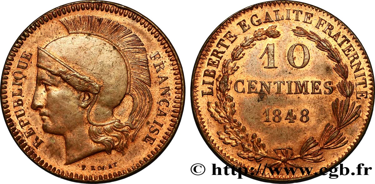 Concours de 10 centimes, essai en cuivre par Rogat, deuxième concours, quatrième revers 1848 Paris VG.3170 var. SUP60 