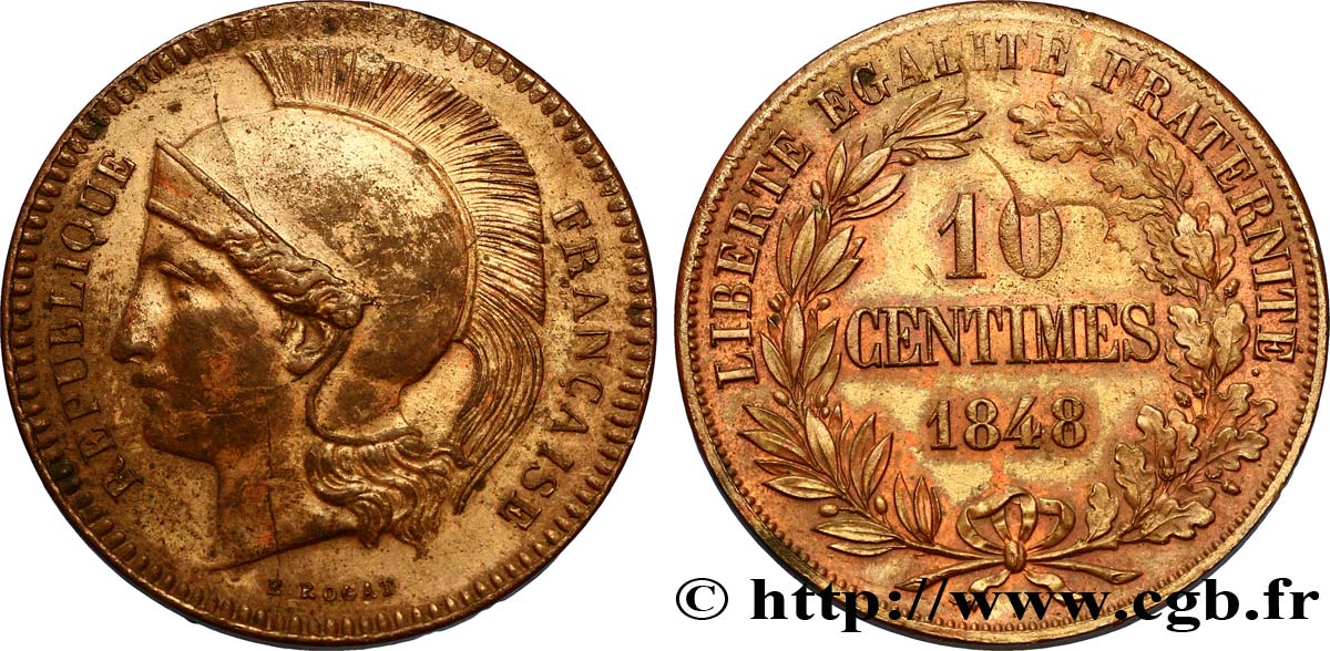 Concours de 10 centimes, essai en cuivre par Rogat, deuxième concours, premier revers 1848 Paris VG.3170 var. SUP55 