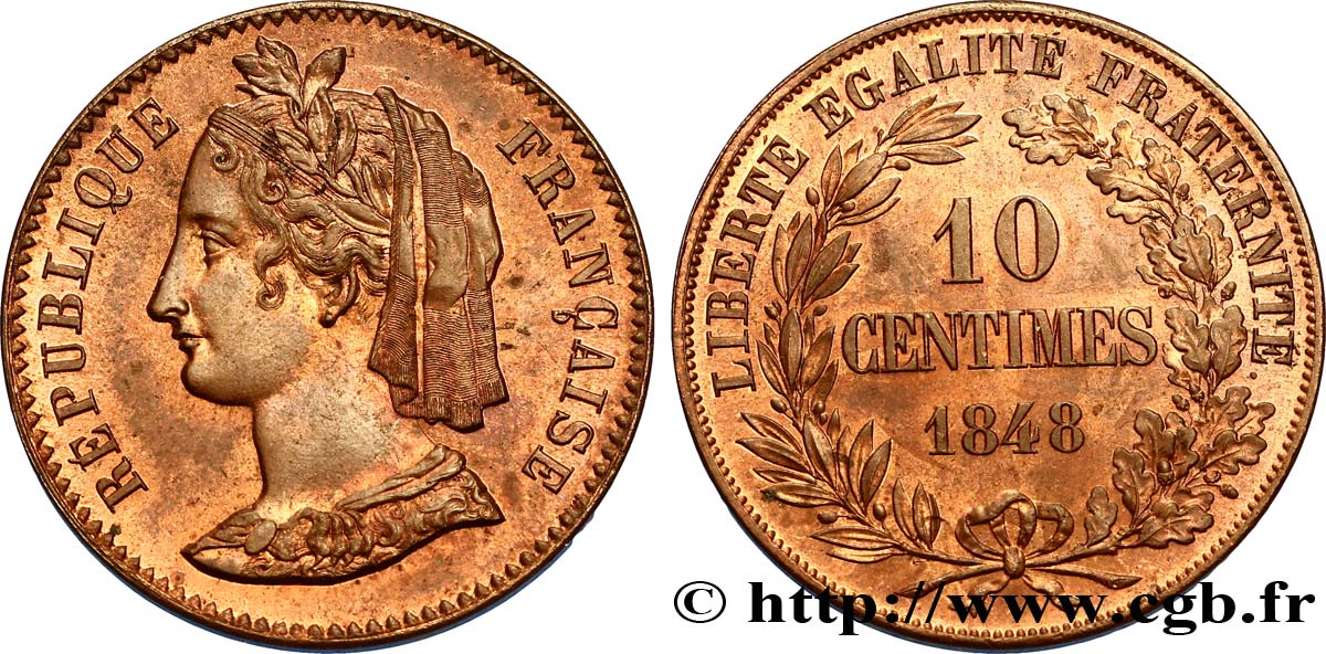 Concours de 10 centimes, essai en cuivre par Rogat, troisième concours, premier revers 1848 Paris VG.3188  MS60 