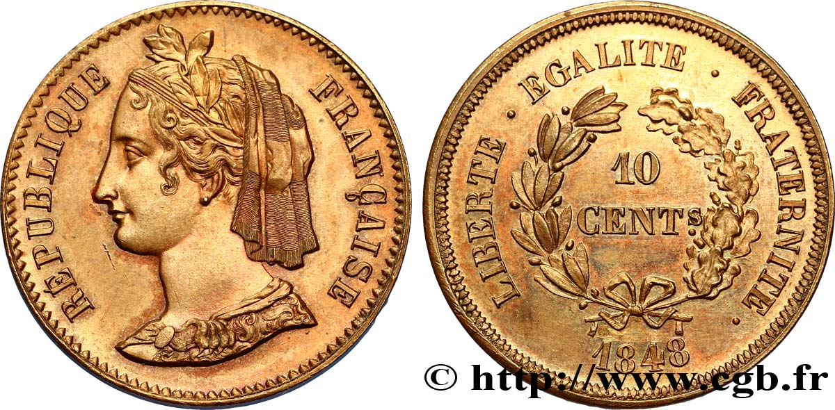 Concours de 10 centimes, essai en cuivre par Rogat, troisième concours, troisième revers 1848 Paris VG.3188  EBC58 