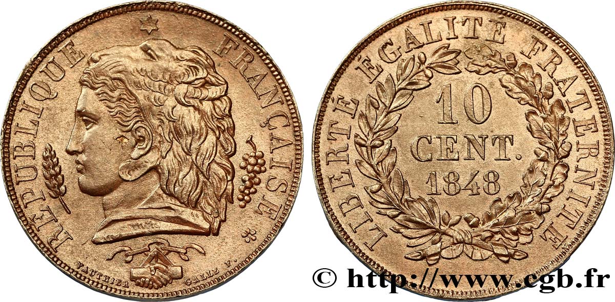 Concours de 10 centimes, essai en étain bronzé par Vauthier-Galle 1848 Paris VG.3155 var. AU58 