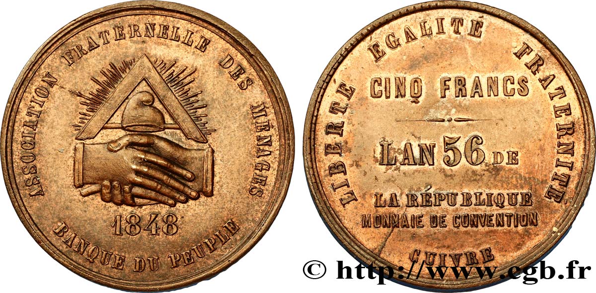 Essai de 5 francs, Banque du Peuple 1848  VG.3210  SUP58 