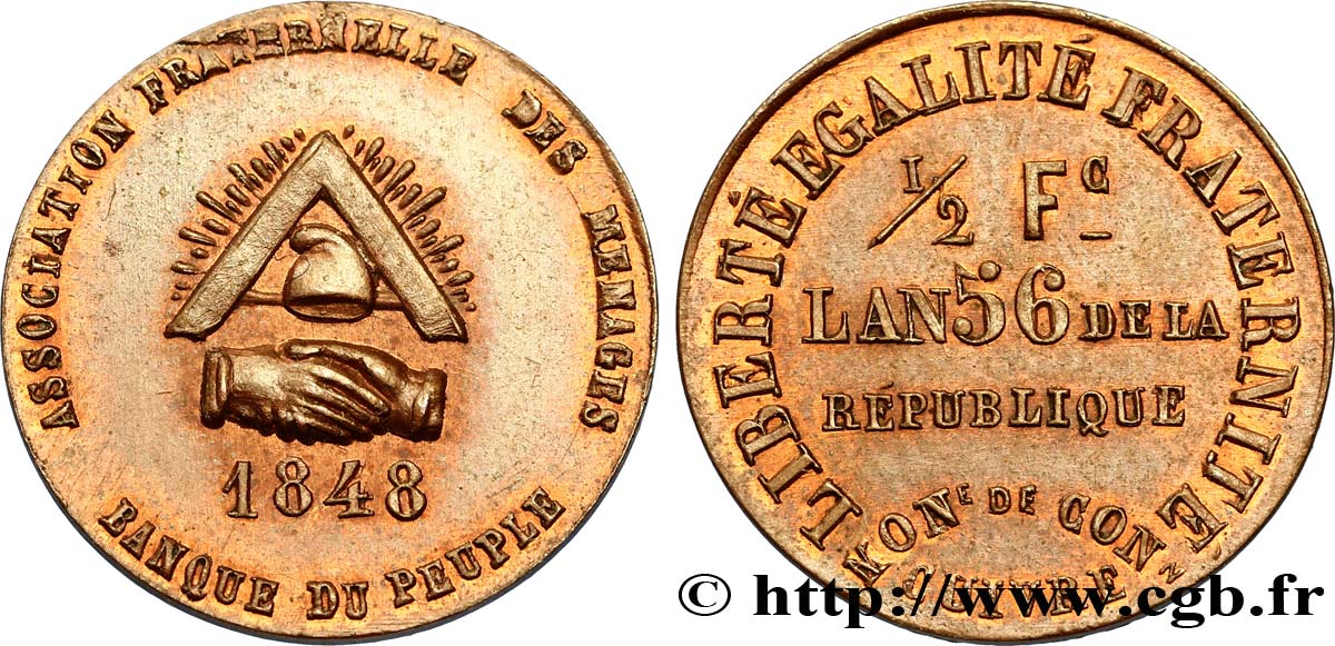 Essai de 1/2 franc, Banque du Peuple 1848  VG.3216  AU58 
