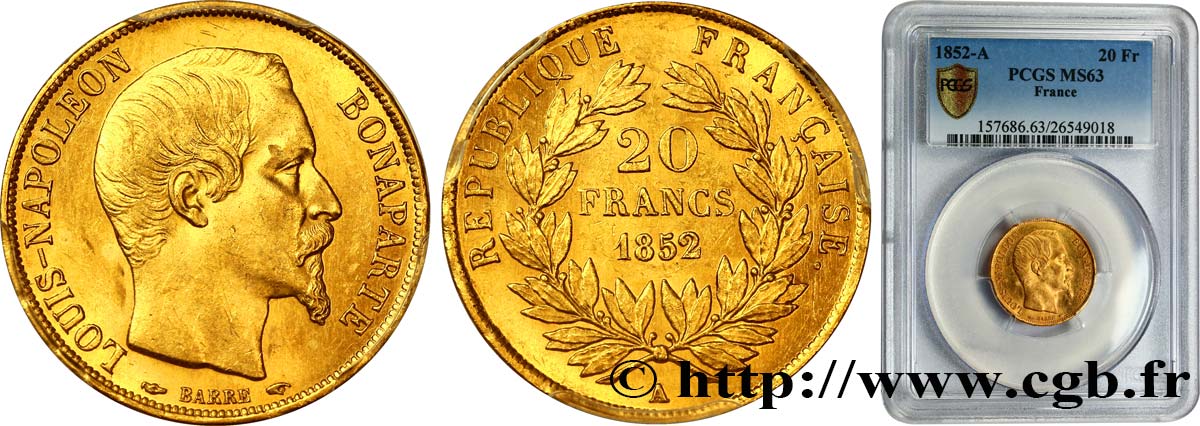 20 francs or Louis-Napoléon 1852 Paris F.530/1 MS63 PCGS