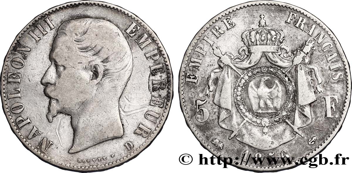 5 francs Napoléon III, tête nue 1856 Lyon F.330/9 VF25 