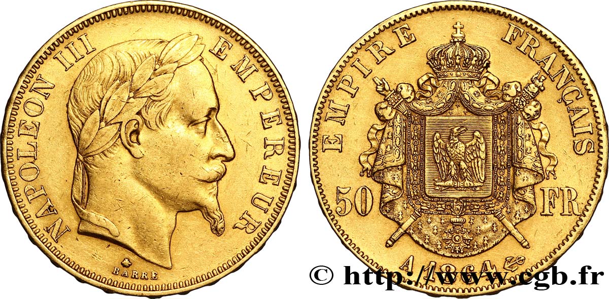 50 francs or Napoléon III, tête laurée 1864 Paris F.548/4 SS48 