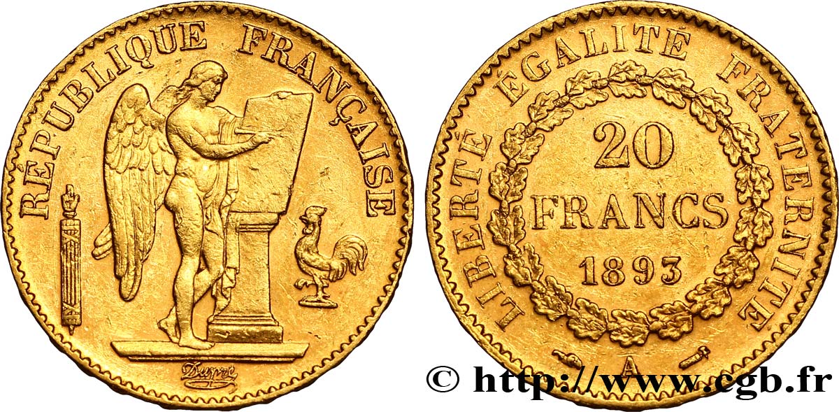 20 francs or Génie, Troisième République 1893 Paris F.533/17 SS50 