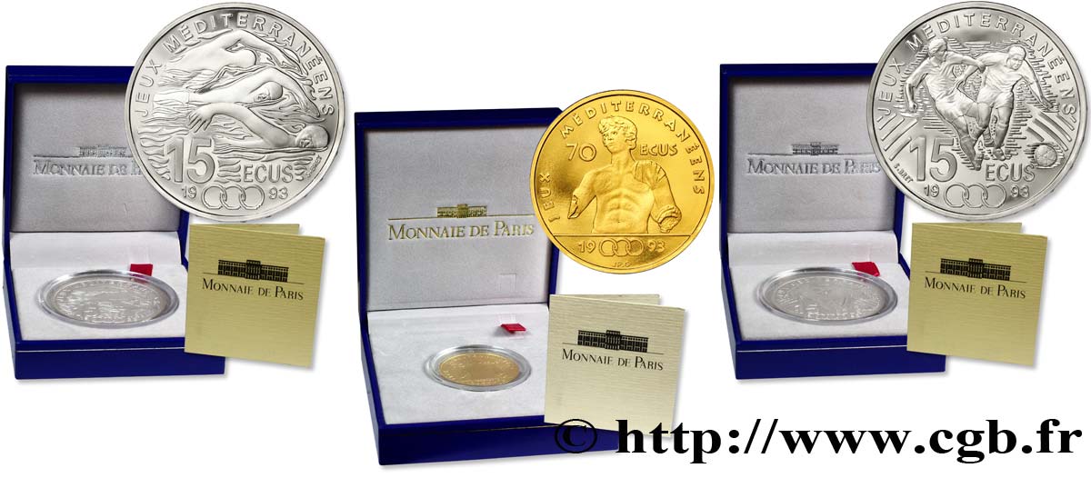 Lot de trois monnaies Belle Épreuve : 2 x 15 écus / 100 francs - 1 x 70 écus / 500 Francs 1993 Paris F5.2003 1 ST70 