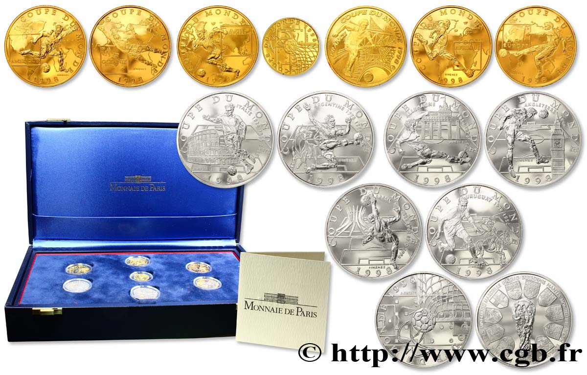 Coffret complet 15 monnaies Belle Épreuve Or et Argent Coupe du monde de football 1998 1996  F5.1306 à 1313 1 FDC70 
