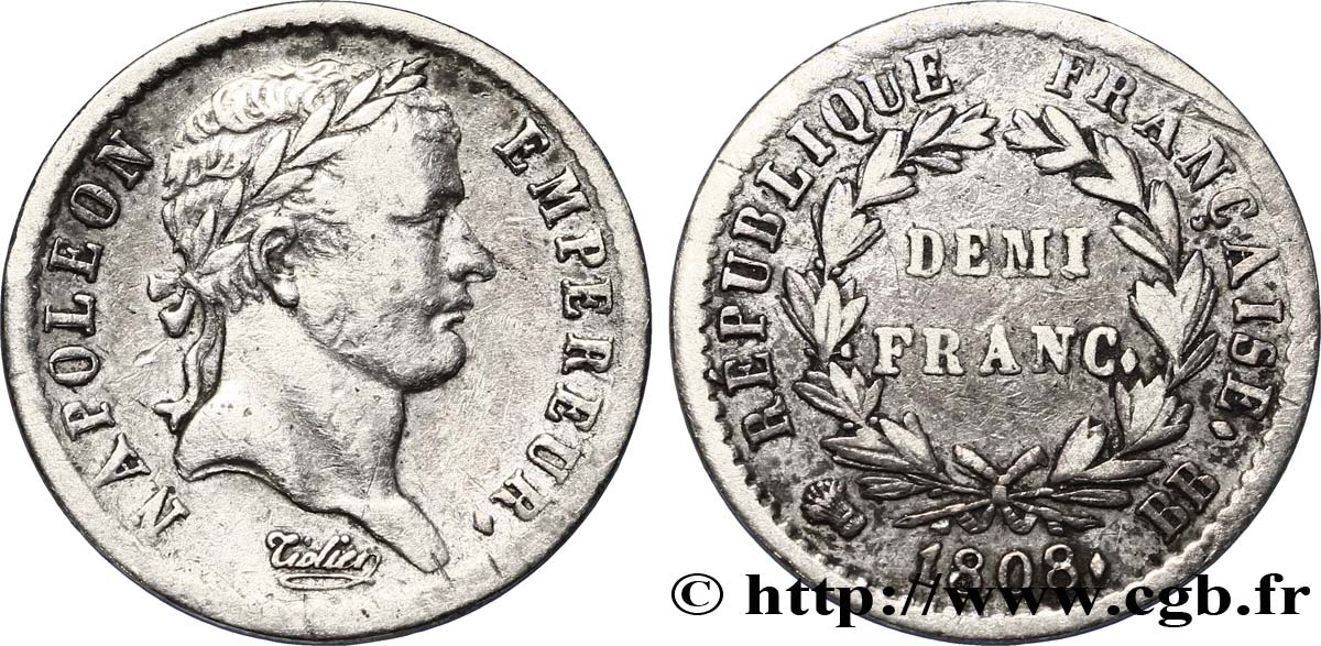 Demi-franc Napoléon Ier tête laurée, République française 1808 Strasbourg F.177/4 MBC40 
