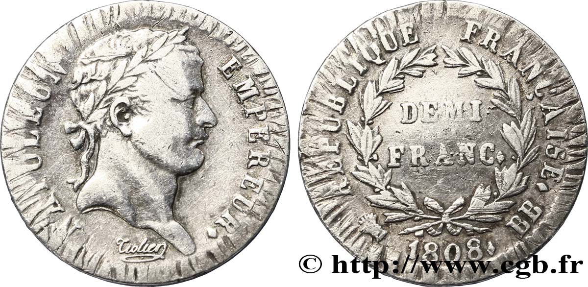 Demi-franc Napoléon Ier tête laurée, République française 1808 Strasbourg F.177/4 XF40 