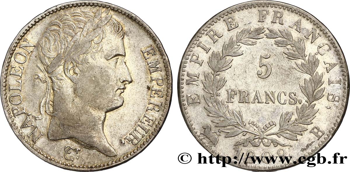 5 francs Napoléon Empereur, Empire français 1809 Rouen F.307/2 MBC48 