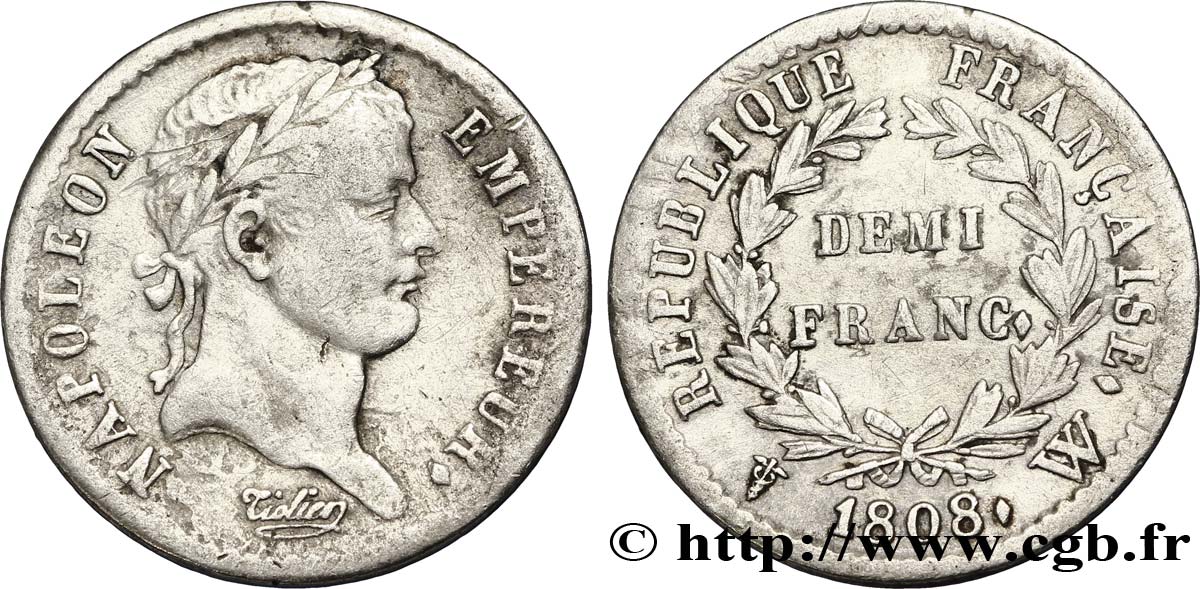 Demi-franc Napoléon Ier tête laurée, République française 1808 Lille F.177/16 TB30 