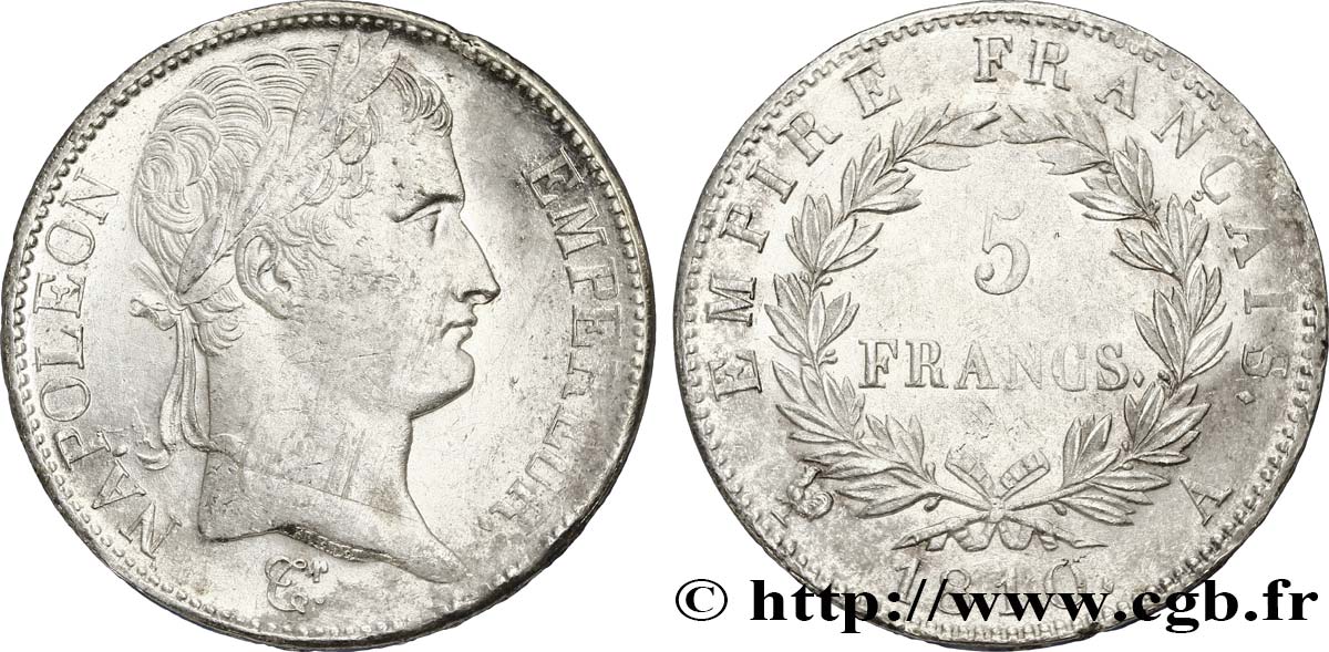 5 francs Napoléon Empereur, Empire français 1810 Paris F.307/14 VZ+ 