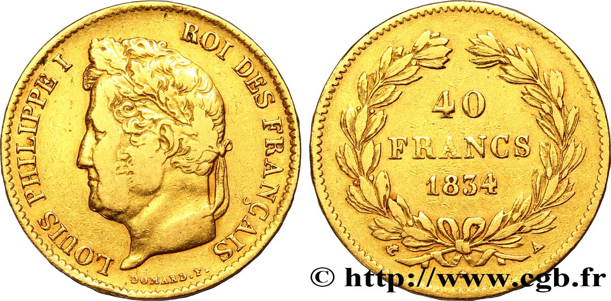 40 francs or Louis-Philippe 1834 Paris F.546/6 XF45 