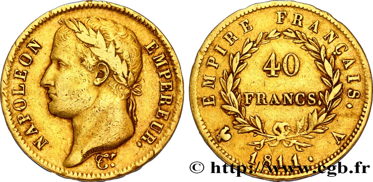 40 francs or Napoléon tête laurée, Empire français 1811 Paris F.541/6 XF40 