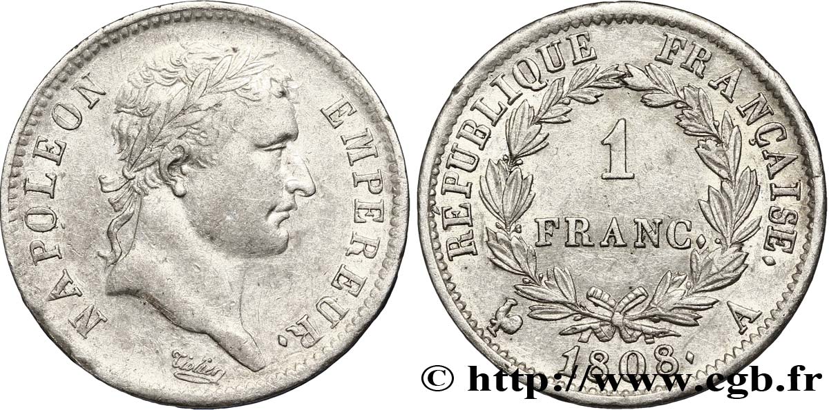 1 franc Napoléon Ier tête laurée, République française 1808 Paris F.204/2 TTB45 