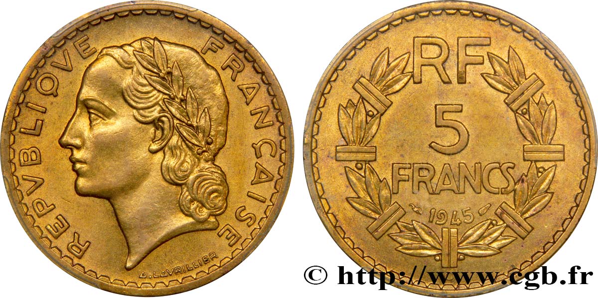 5 francs Lavrillier, bronze-aluminium 1945 Castelsarrasin F.337/6 SPL64 PCGS