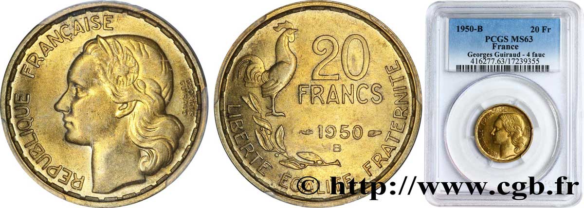 20 francs Georges Guiraud, 4 faucilles 1950 Beaumont-Le-Roger F.401/3 SC63 PCGS