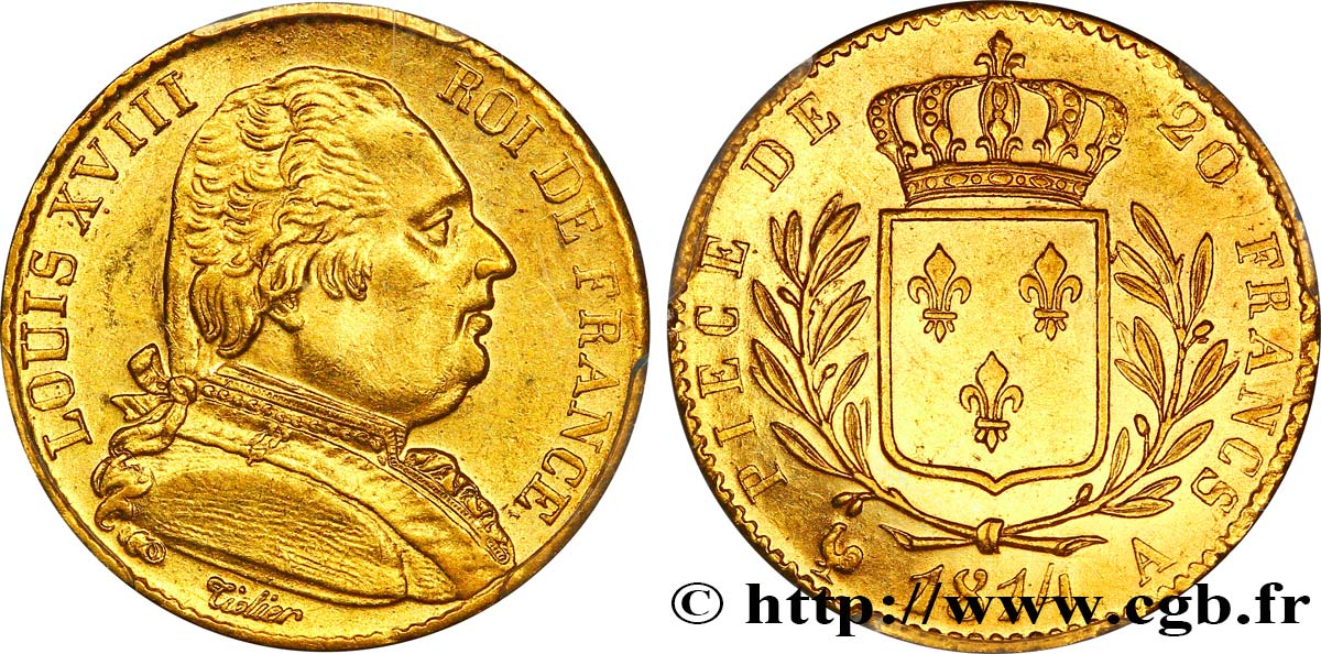 20 francs or Louis XVIII, buste habillé 1814 Paris F.517/2 AU58 PCGS