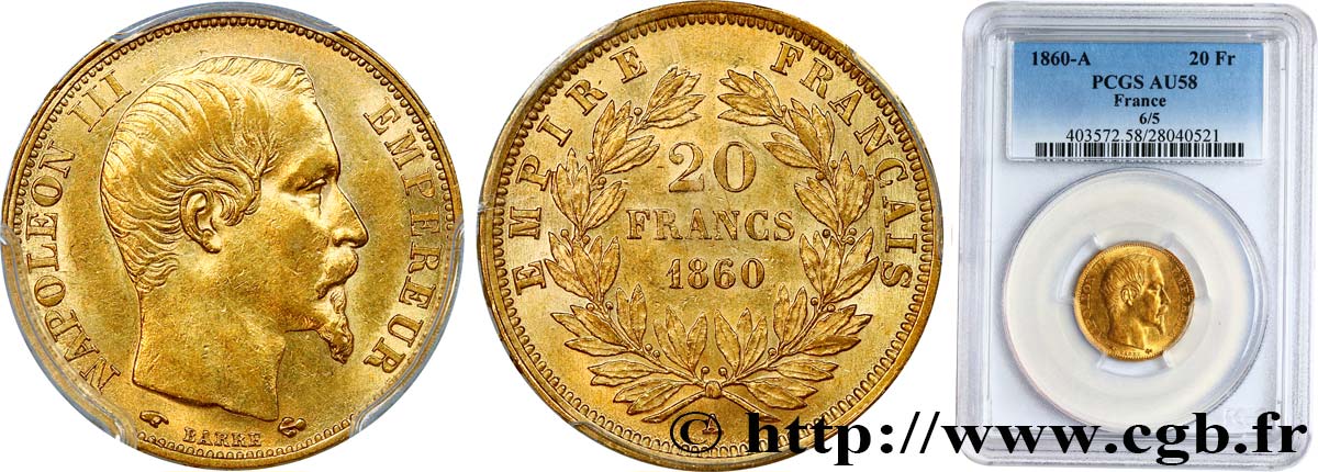 20 francs or Napoléon III, tête nue 1860 Paris F.531/17 AU58 PCGS