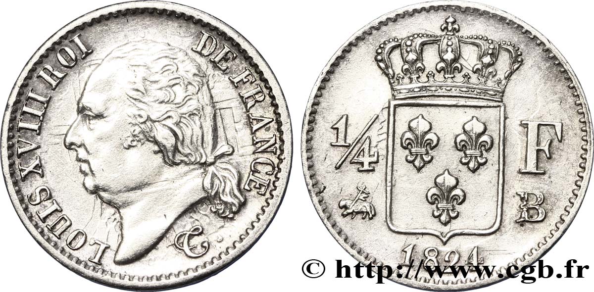 1/4 franc Louis XVIII  1824 Rouen F.163/32 AU53 