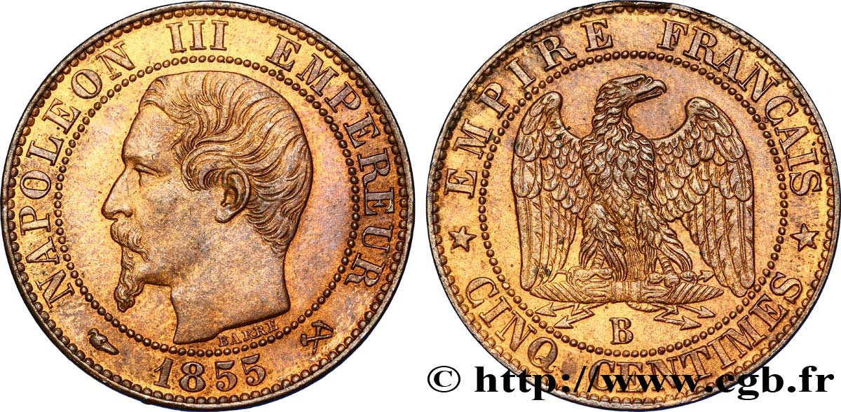 Cinq centimes Napoléon III, tête nue 1855 Rouen F.116/18 AU58 