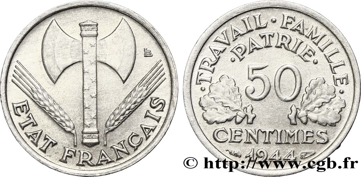 50 centimes Francisque, légère, frappe médaille 1944  F.196/4 var. MS60 