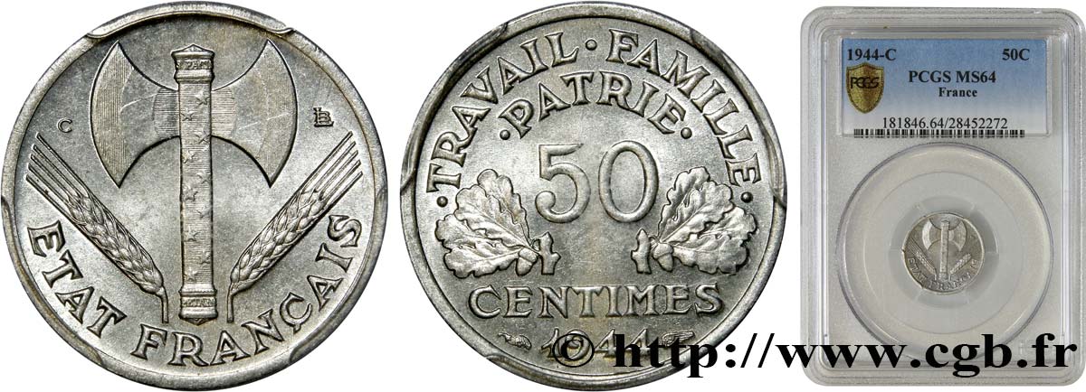 50 centimes Francisque, légère 1944 Castelsarrasin F.196/6 SC64 PCGS