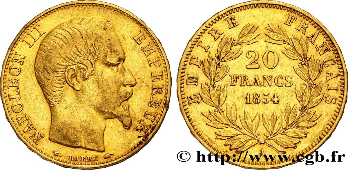 20 francs or Napoléon III, tête nue 1854 Paris F.531/2 TTB45 