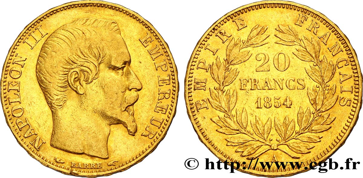 20 francs or Napoléon III, tête nue 1854 Paris F.531/2 TTB45 