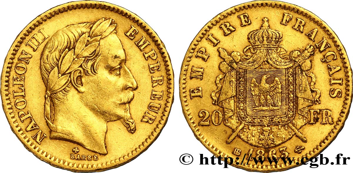 20 francs or Napoléon III, tête laurée 1863 Strasbourg F.532/7 TTB45 