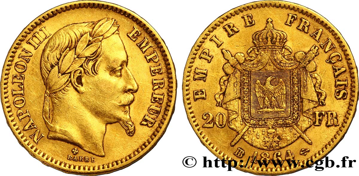 20 francs or Napoléon III, tête laurée, grand BB 1864 Strasbourg F.532/10 MBC45 