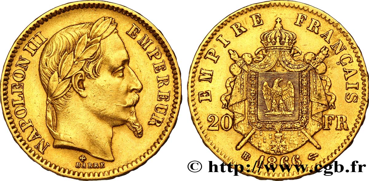 20 francs or Napoléon III, tête laurée 1866 Strasbourg F.532/14 TTB45 