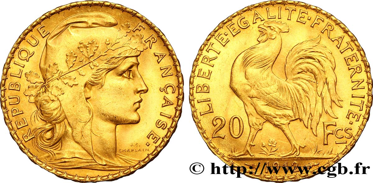 20 francs or Coq, Liberté Égalité Fraternité 1912 Paris F.535/6 EBC58 