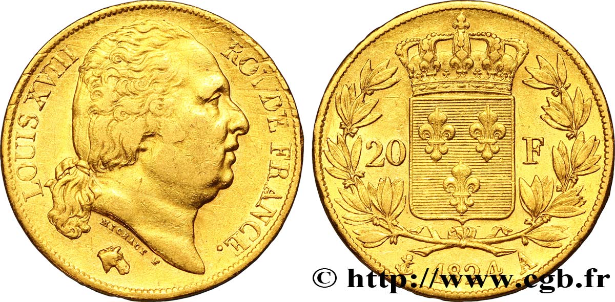 20 francs or Louis XVIII, tête nue 1824 Paris F.519/31 TTB45 
