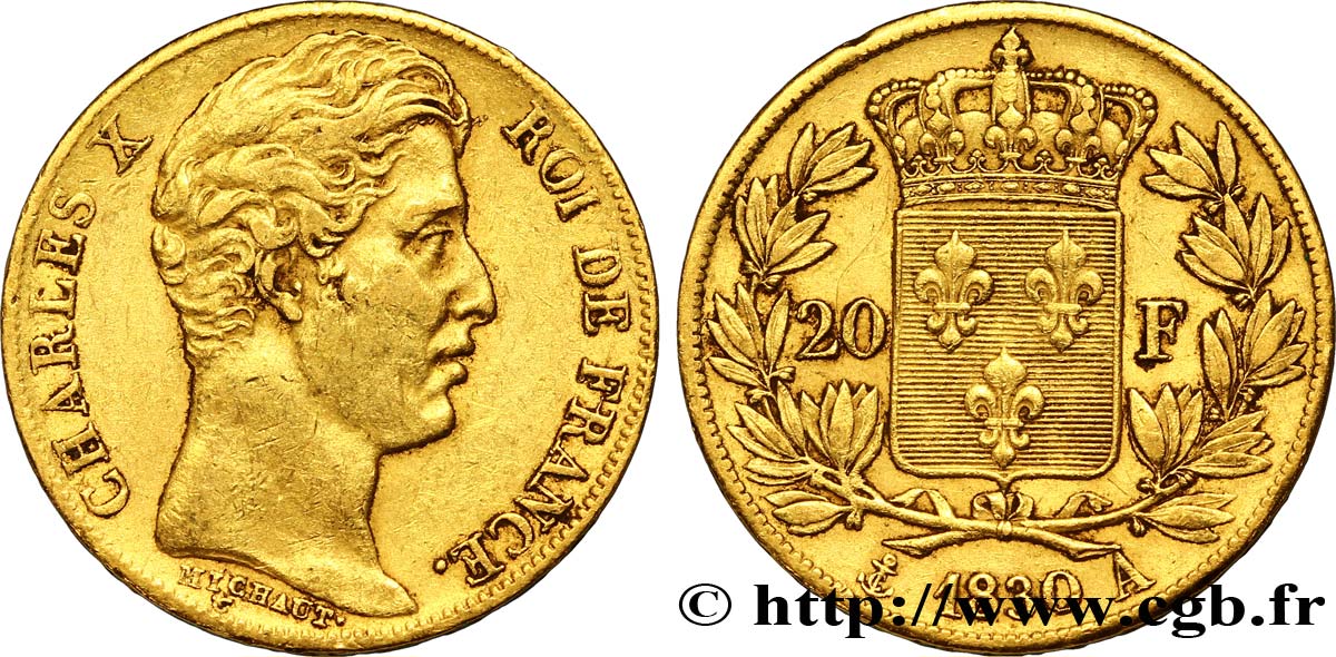 20 francs or Charles X 1830 Paris F.520/12 AU50 