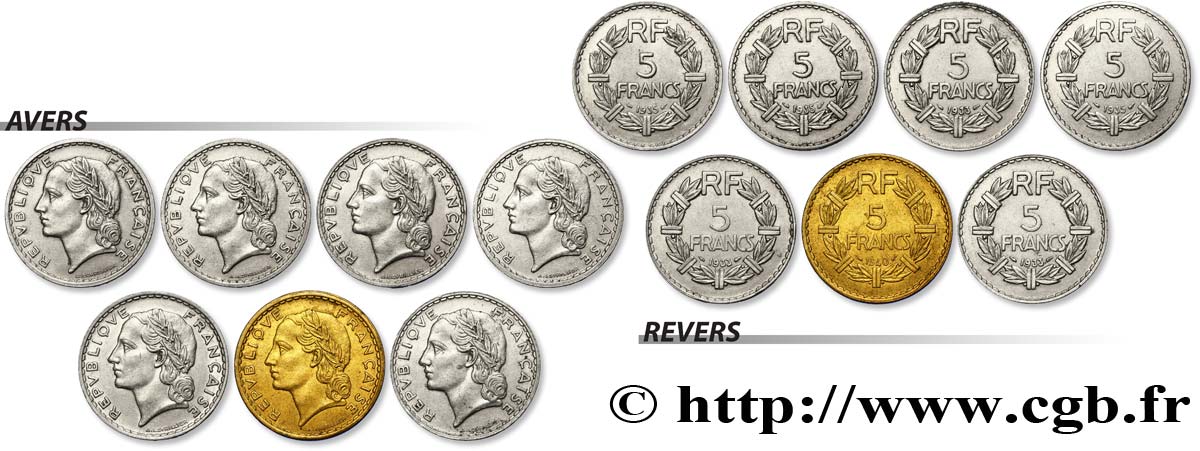 Lot de sept pièces de 5 francs Lavrillier (nickel et bronze-aluminium) -  F.336/2 TTB 