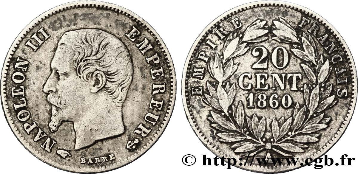 20 centimes Napoléon III, tête nue 1860 Paris F.148/14 TB30 