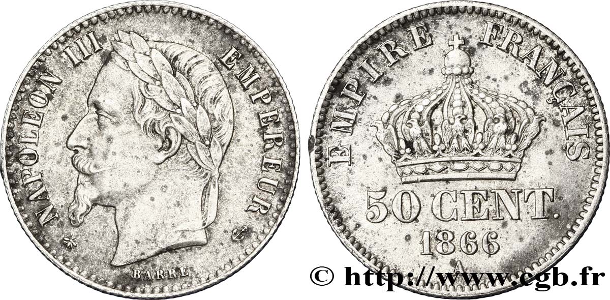 50 centimes Napoléon III, tête laurée 1866 Paris F.188/9 EBC58 