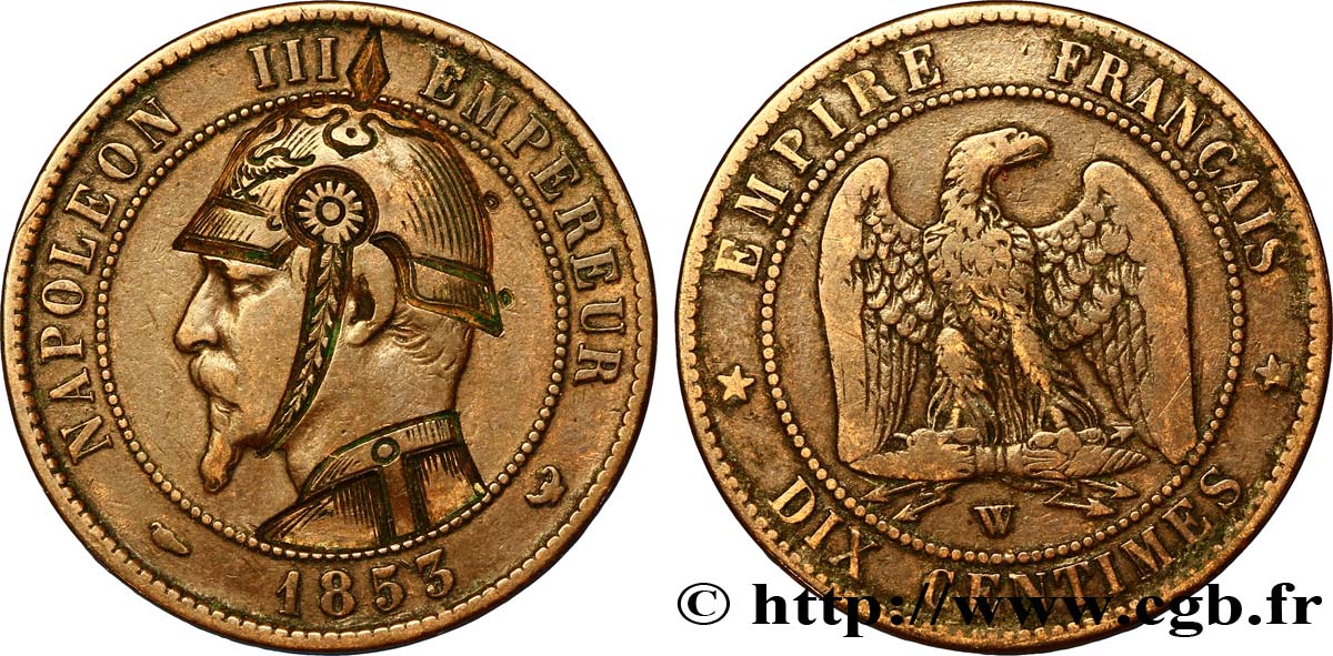 Dix centimes Napoléon III, tête nue, satirique 1853 Lille F.133/10 var. TB30 