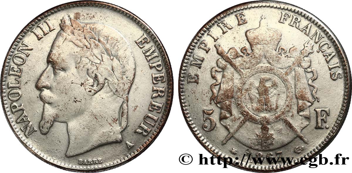 Faux de 5 francs Napoléon III, tête laurée 1867 Paris F.331/10 var. VF30 