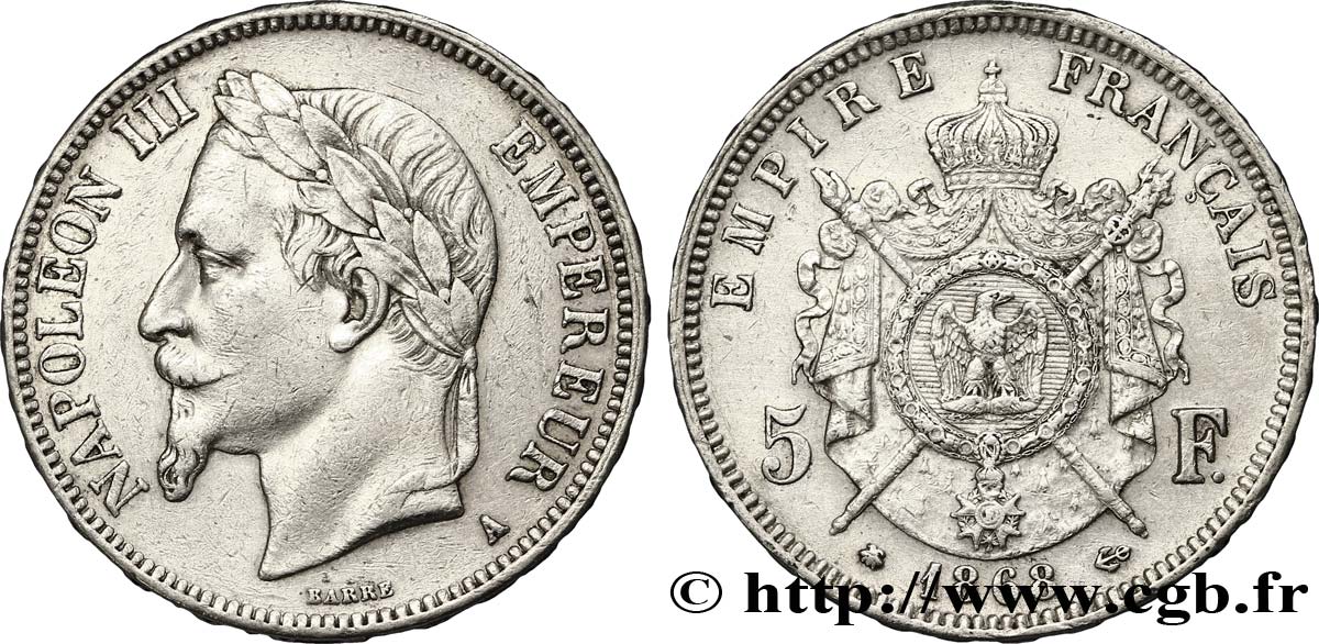 5 francs Napoléon III, tête laurée 1868 Paris F.331/12 SS50 
