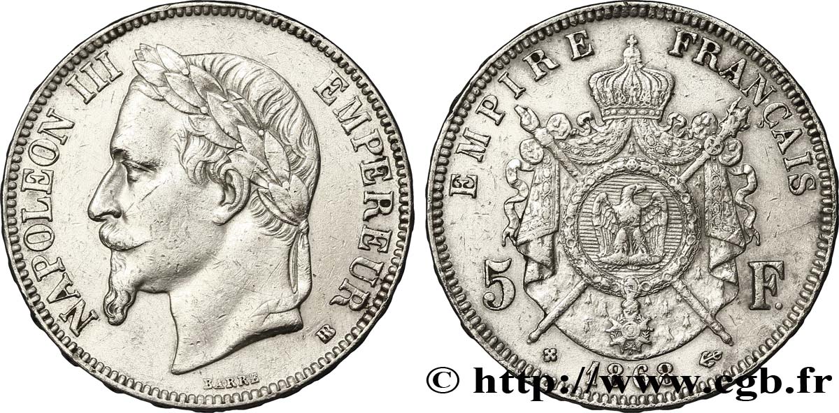 5 francs Napoléon III, tête laurée 1868 Strasbourg F.331/13 TTB48 